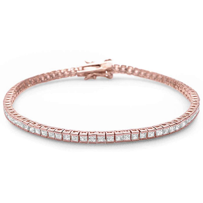 2.5MM Square Rose Gold Plated Bezel Set Cubic Zirconia .925 Sterling Silver Bracelet 7.5"