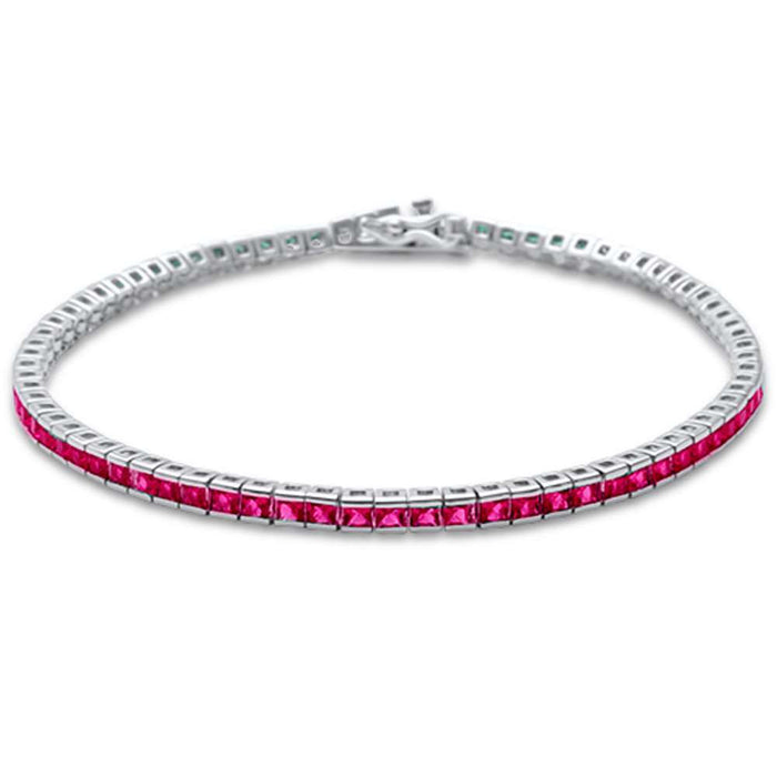 2.5MM Square Bezel Ruby .925 Sterling Silver Tennis Bracelet 7.5"