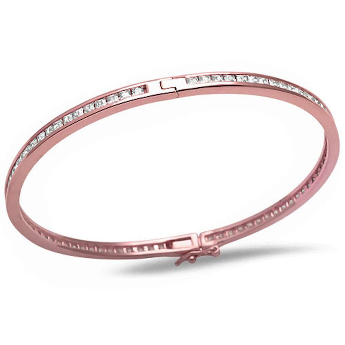 CLOSEOUT! 2MM Square Cut Fine Rose Gold Plated Cubic Zirconia .925 Sterling Silver Bangle Bracelet