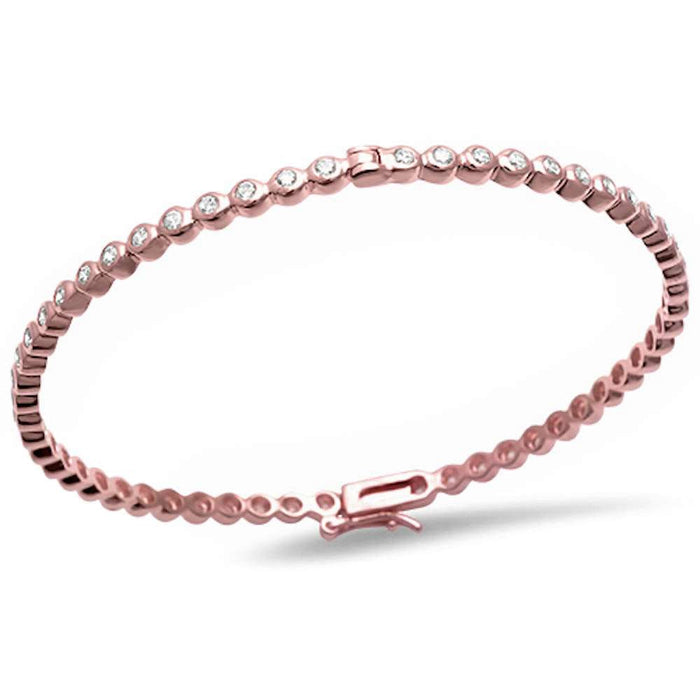 CLOSEOUT!2MM Round Rose Gold Plated Round Bezel Cubic Zirconia .925 Sterling Silver Bangle Bracelet