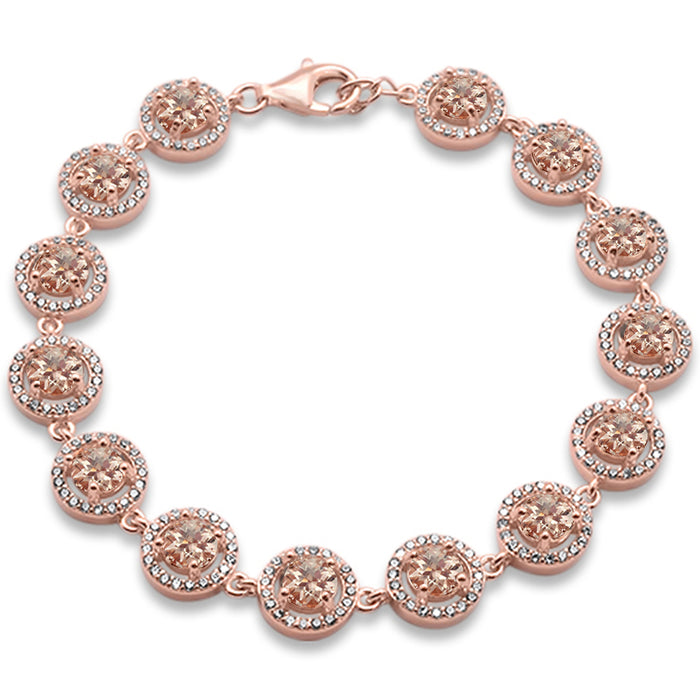CLOSEOUT! Rose Gold Plated Halo Morganite & Cubic Zirconia .925 Sterling Silver Bracelet 7.5" Long
