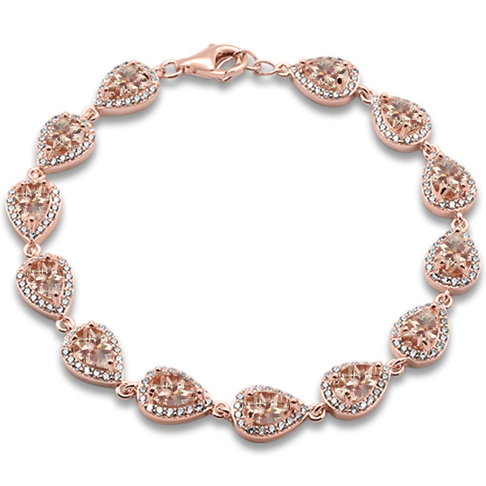 CLOSEOUT! Rose Gold Plated Pear Morganite & Cubic Zirconia .925 Sterling Silver Bracelet 7.5" Long