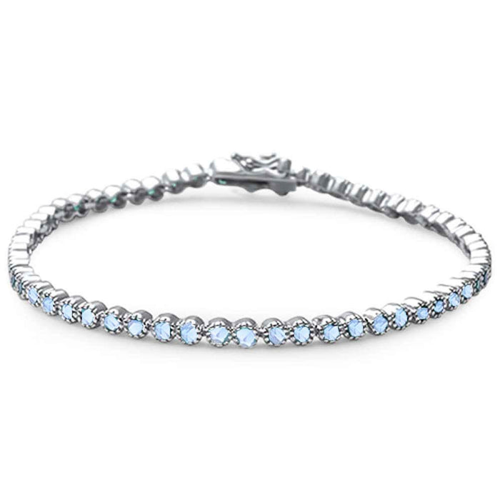 Elegant Round Aquamarine .925 Sterling Silver Tennis Bracelet 7" Long