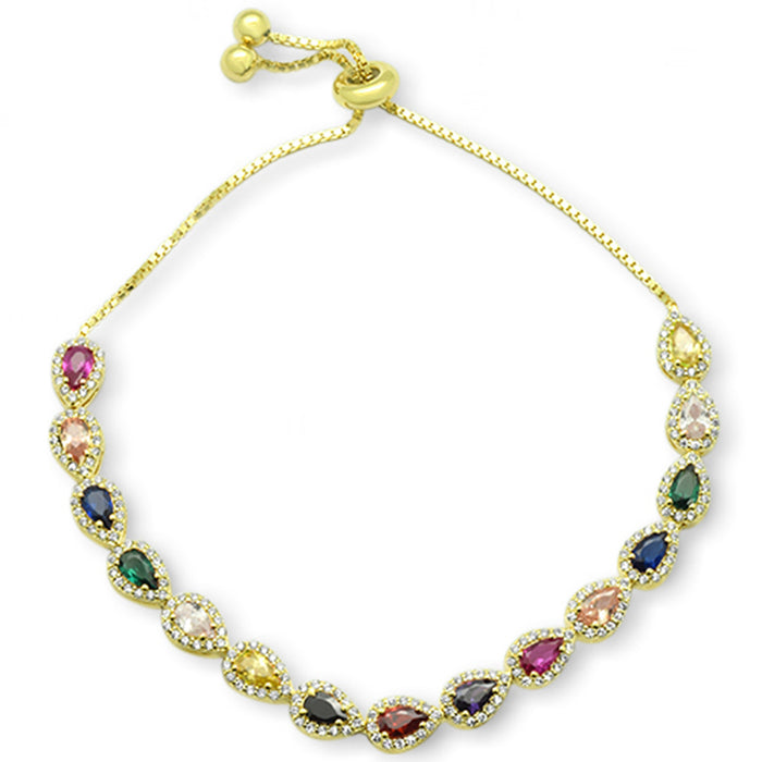 CLOSEOUT! Yellow Gold plated Pear Multicolor Gemstones CZ .925 Sterling Silver 7-9" Adjustable Toggle Bola Bracelet
