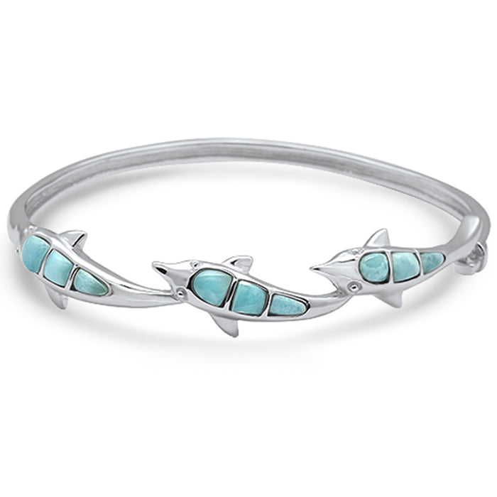 Natural Larimar Dolphin .925 Sterling Silver Bangle Bracelet