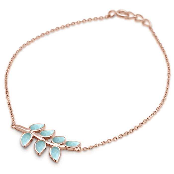 Rose Gold Plated Natural Larimar Leaf Design .925 Sterling Silver Bracelet