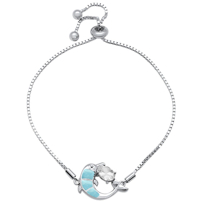 Natural Larimar Dolphin & Oval CZ .925 Sterling Silver 7-9" Adjustable Toggle Bola Bracelet