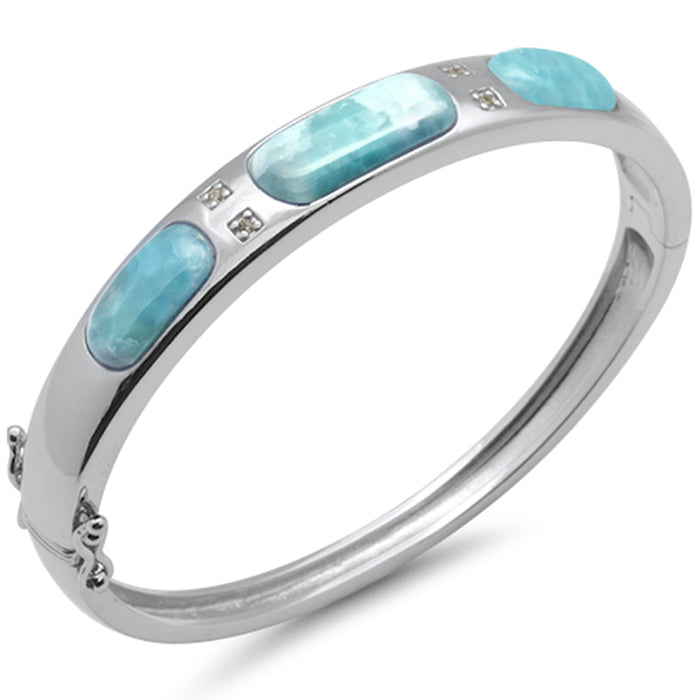 Natural Larimar & CZ .925 Sterling Silver Bangle Bracelet