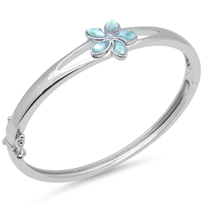 Plumeria Natural Larimar .925 Sterling Silver Bangle Bracelet