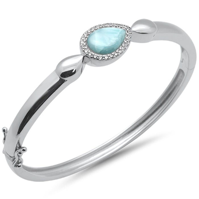 Pear Shaped Natural Larimar & CZ .925 Sterling Silver Bangle Bracelet