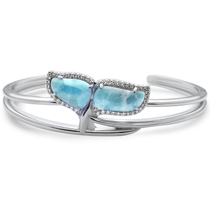 Natural Larimar & CZ .925 Sterling Silver Bangle Bracelet
