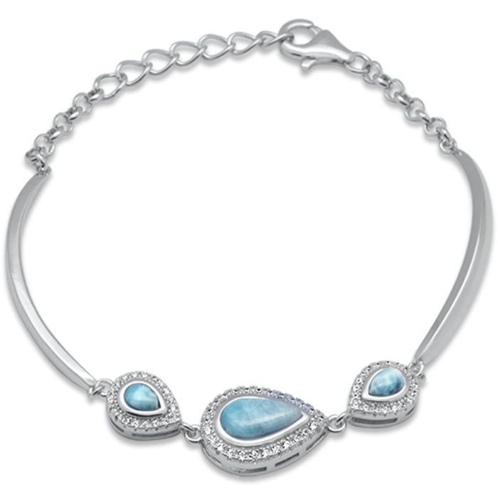 Teardrop Natural Larimar & CZ .925 Sterling Silver Bracelet