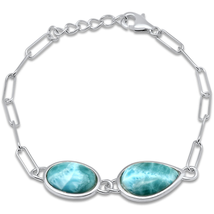 Pear & Oval Shape Natural Larimar .925 Sterling Silver Bracelet 6" + 1" Adjustable