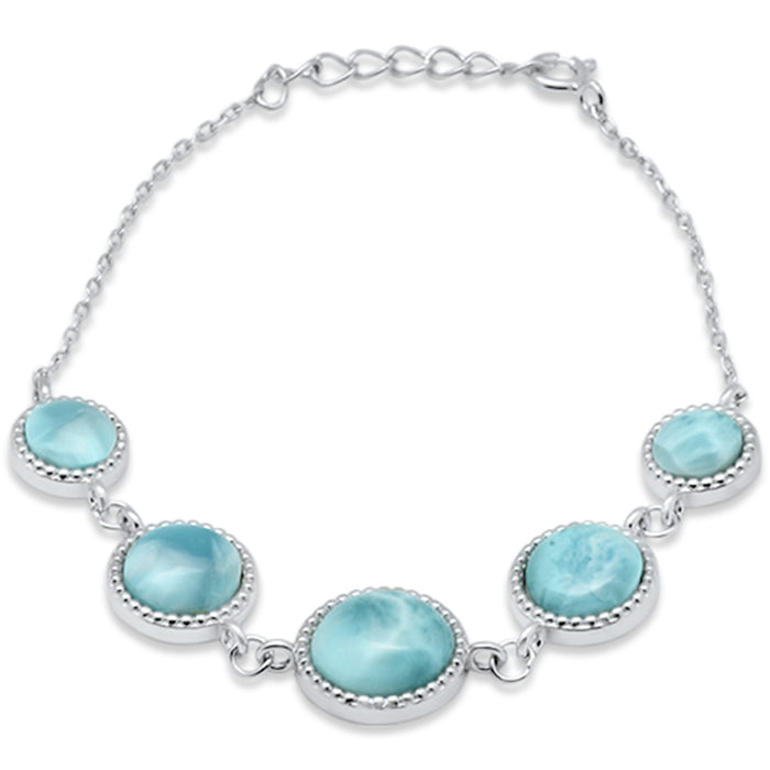Round Natural Larimar .925 Sterling Silver Bracelet 6" + 1" Adjustable