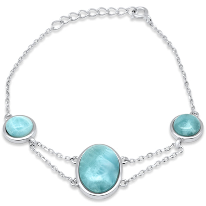 Oval & Round Natural Larimar .925 Sterling Silver Bracelet 6" + 1" Adjustable