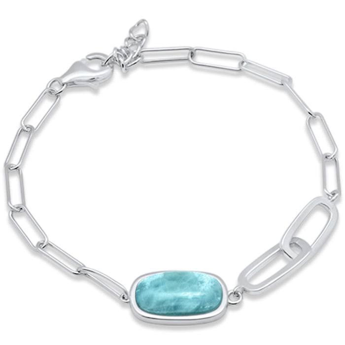 Natural Larimar with Link .925 Sterling Silver Bracelet 6.5" + 1" Adjustable