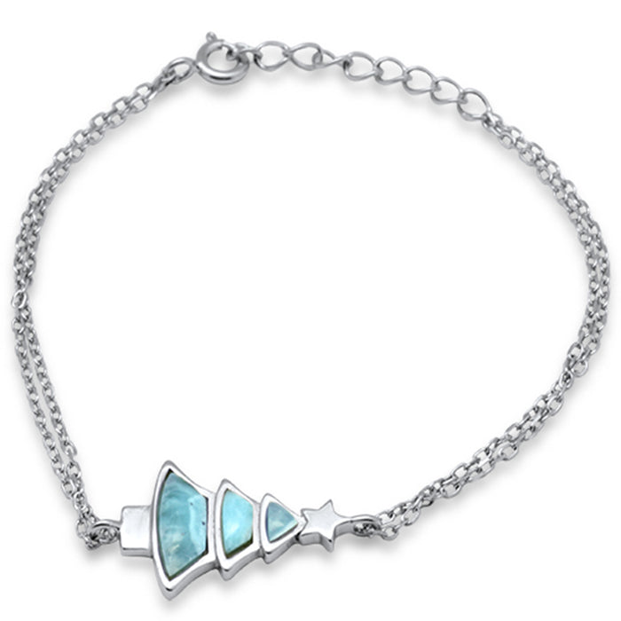 Natural Larimar Christmas Tree .925 Sterling Silver Bracelet 6" + 1" Adjustable