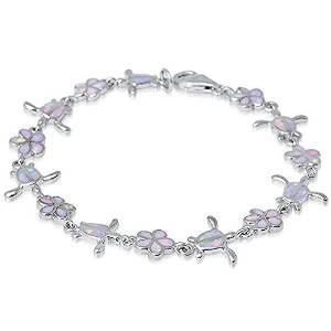 CLOSEOUT! White Opal Plumeria & Turtle .925 Sterling Silver Bracelet