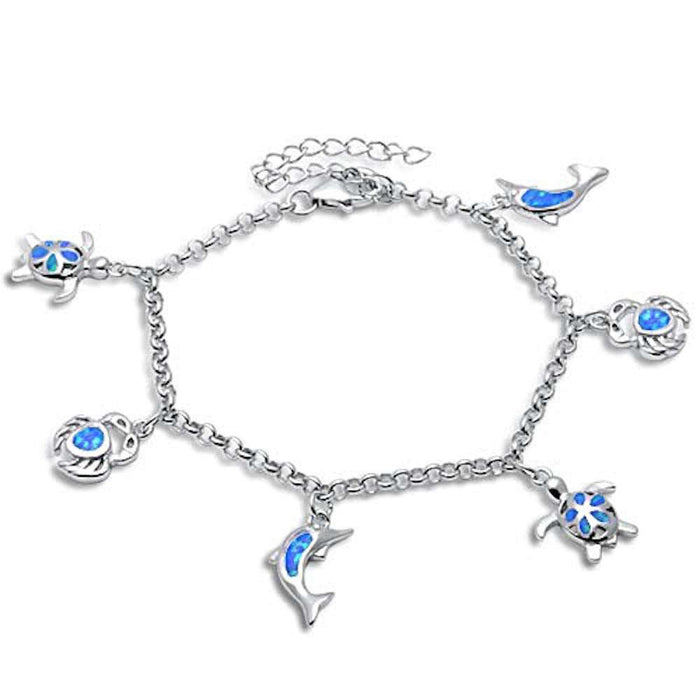 CLOSEOUT! Blue Opal Turtle, Crab & Dolphin .925 Sterling Silver Bracelet