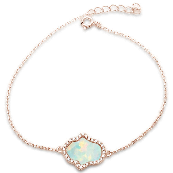 CLOSEOUT! Rose Gold Plated White Opal & Cubic Zirconia Hamsa .925 Sterling Silver Bracelet