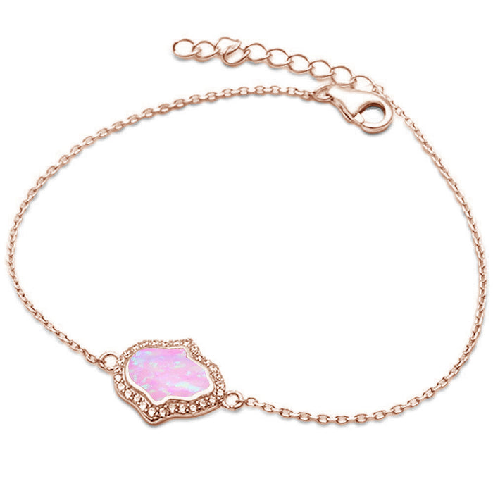 CLOSEOUT! Rose Gold Plated Pink Opal & CZ Hamsa Symbol .925 Sterling Silver Bracelet