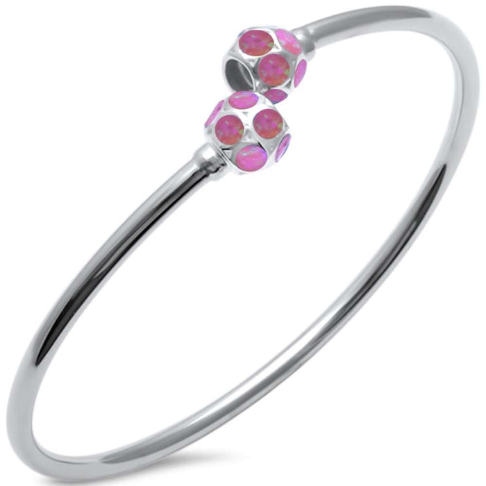 CLOSEOUT! Pink Opal Ball Cuff .925 Sterling Silver Bangle Bracelet 7.5"