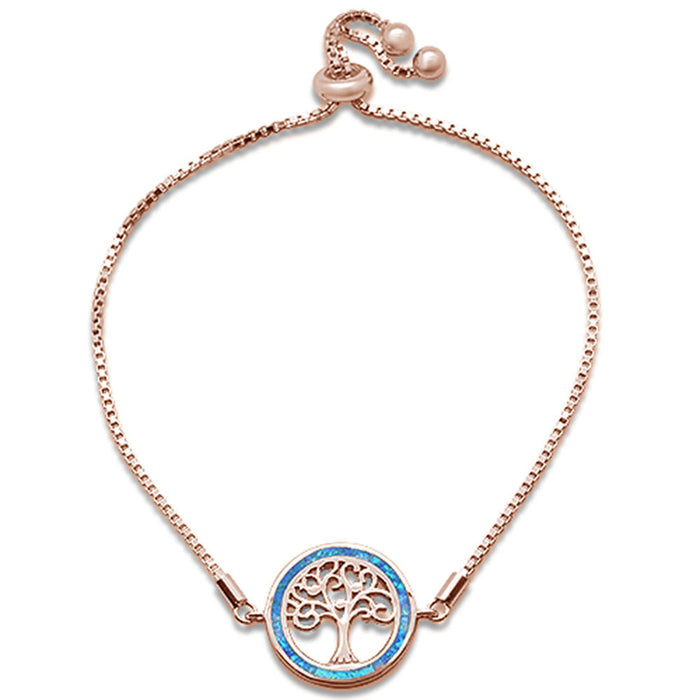 CLOSEOUT!Rose Gold Plated Blue Opal Tree Of Life Whimsical .925 Sterling Silver 7-9" Adjustable Toggle Bola Bracelet