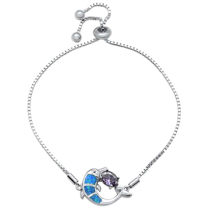 CLOSEOUT! Blue Opal Dolphin & Oval Amethyst CZ .925 Sterling Silver 7-9" Adjustable Toggle Bola Bracelet