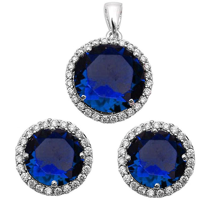 CLOSEOUT! HALO BLUE SAPPHIRE & CZ .925 Sterling Silver Earring & Pendant Set .75"X.5