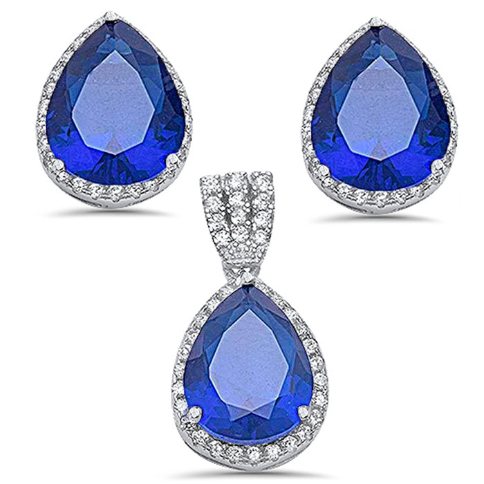 CLOSEOUT! Pear Shape Blue Sapphire & Cubic Zirconia .925 Sterling Silver Earring