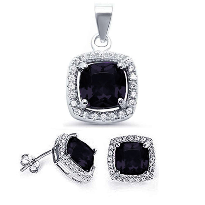 Cushion Black Onyx & CZ Halo .925 Sterling Silver Earring & Pendant Set