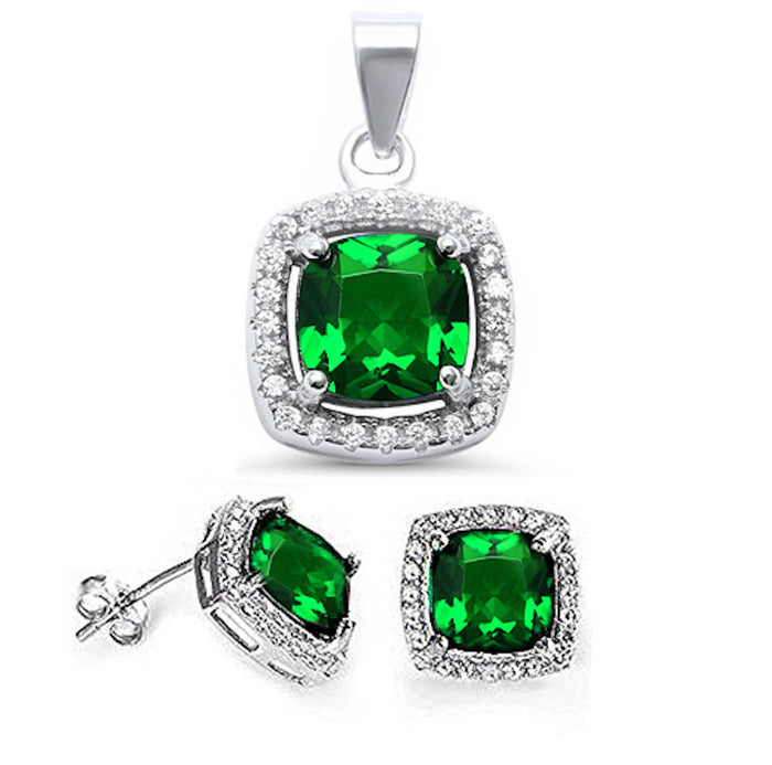 Cushion Cut Emerald & Cz .925 Sterling Silver & Pendant Jewelry set