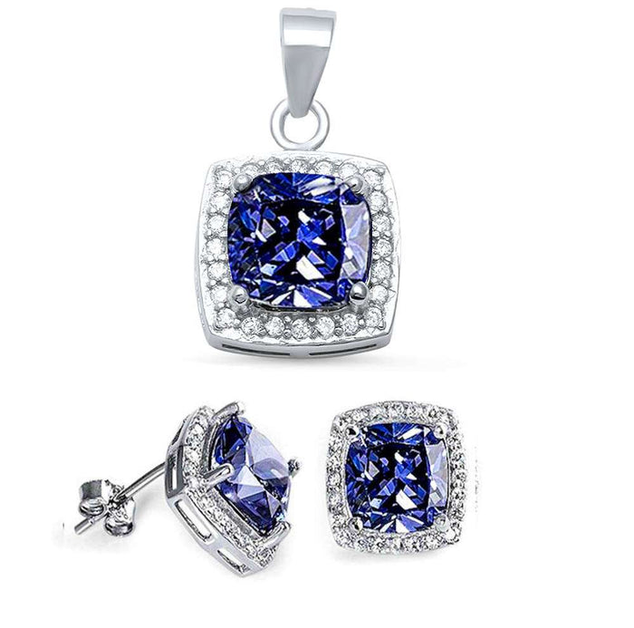 Cushion Tanzanite & Cz .925 Sterling Silver Pendant & Earring set