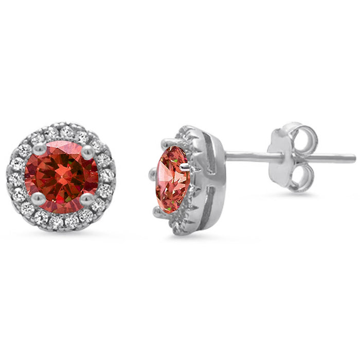 Halo Garnet & Cz .925 Sterling Silver Earrings