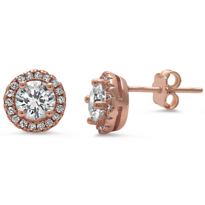 Rose Gold Plated Halo Cz .925 Sterling Silver Earrings
