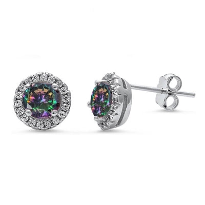 Halo Rainbow Cz Stud .925 Sterling Silver Earrings