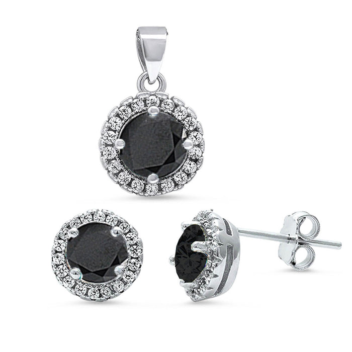 Halo Black Onyx & CZ .925 Sterling Silver Pendant & Earrings Set