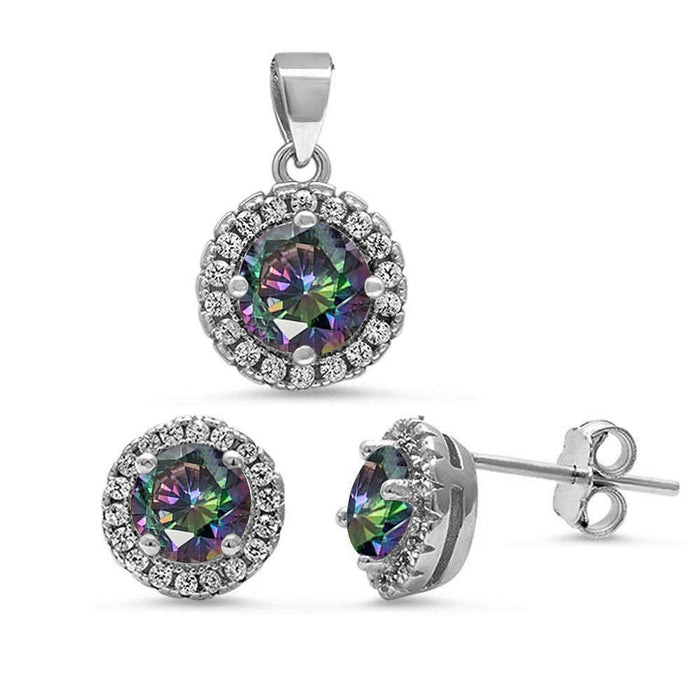 Rainbow Topaz Halo Cubic Zirconia Pendant & Earrings .925 Sterling Silver Set