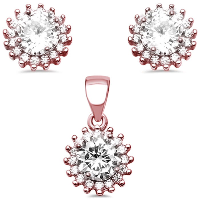 CLOSEOUT! Rose Gold Plated Halo Cubic Zirconia .925 Sterling Silver Earring and Pendant Set