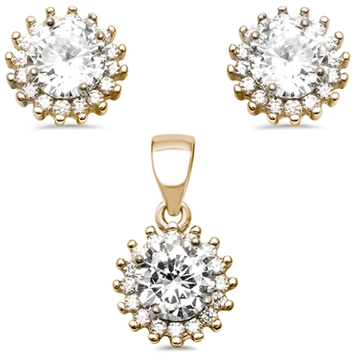 CLOSEOUT! Yellow Gold Plated Halo Cubic Zirconia .925 Sterling Silver Earring and Pendant Set