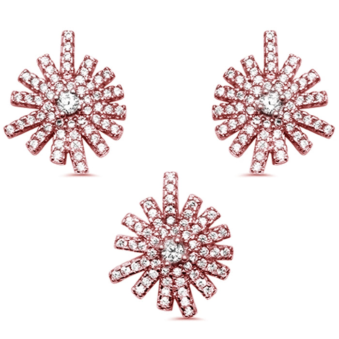 CLOSEOUT! Rose Plated Cubic Zirconia Starburst .925 Sterling Silver Earring and Pendant Set