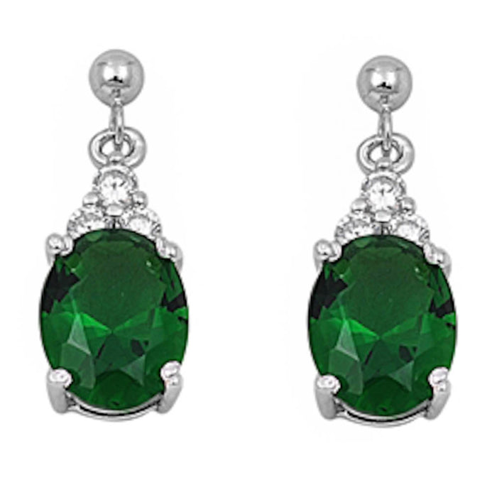 Dangling Oval Emerald & Cz .925 Sterling Silver Earrings