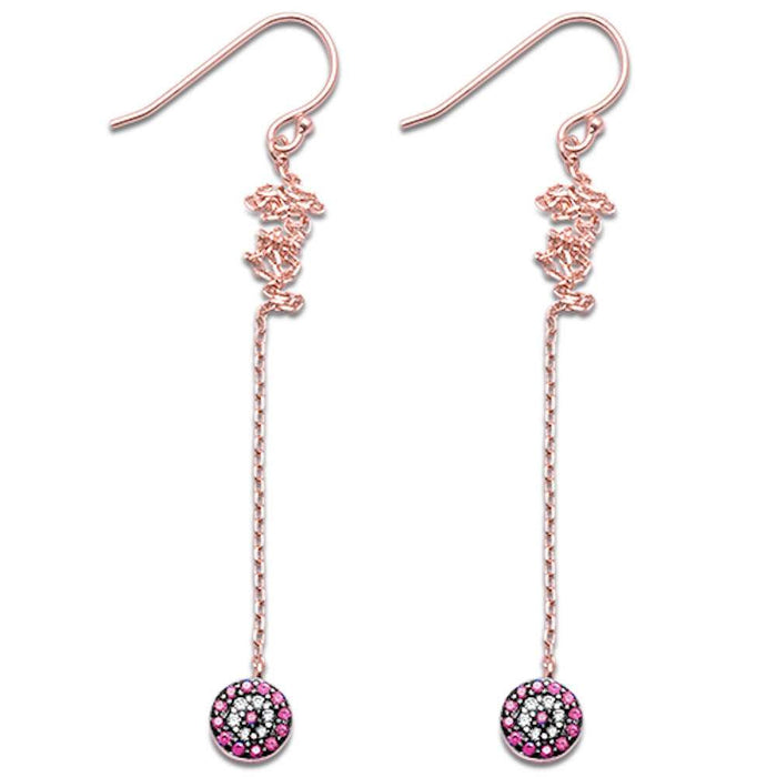 CLOSEOUT! Rose Gold Plated Ruby & Cubic Zirconia Dangle .925 Sterling Silver Earrings