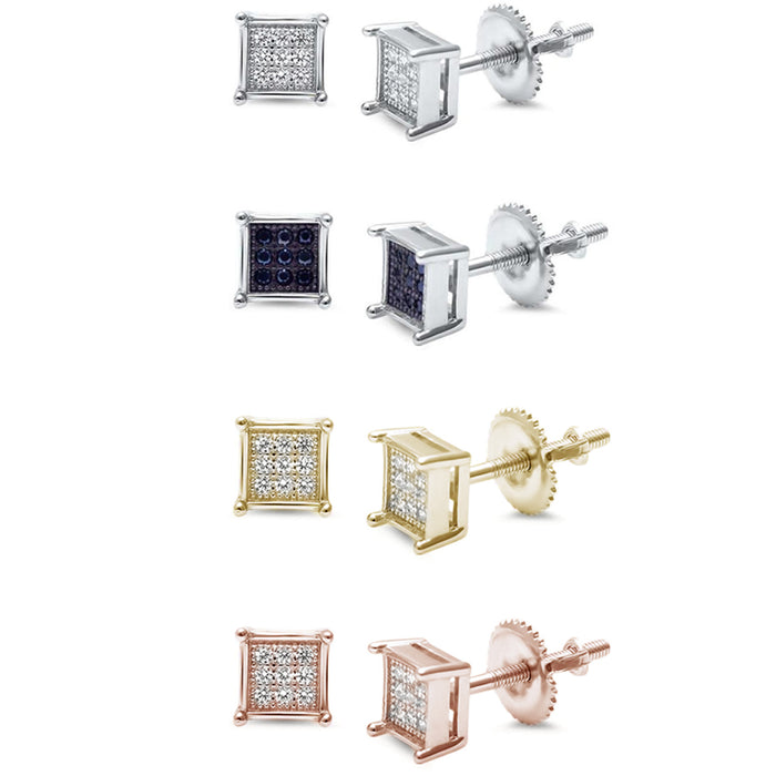6MM Micro Pave Princess Cut CZ .925 Sterling Silver Stud Earrings Colors Available!