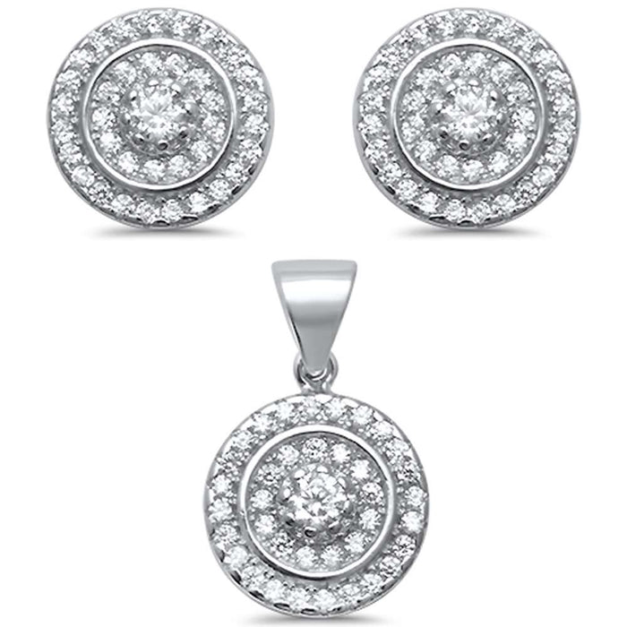 CLOSEOUT!Round Halo Cubic Zirconia .925 Sterling Silver Earring & Pendant set 0.5"