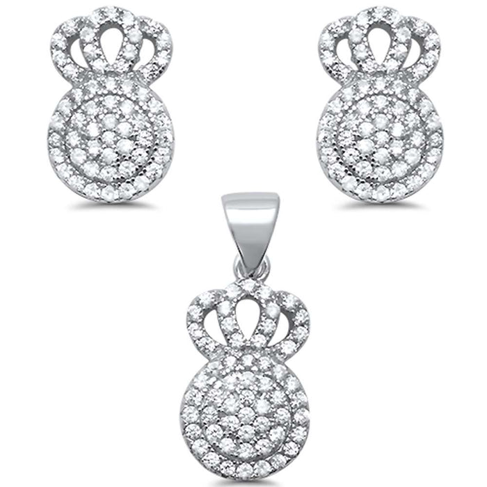 CLOSEOUT! Crown Halo Micro Pave Stud .925 Sterling Silver Pendant & Earring Set