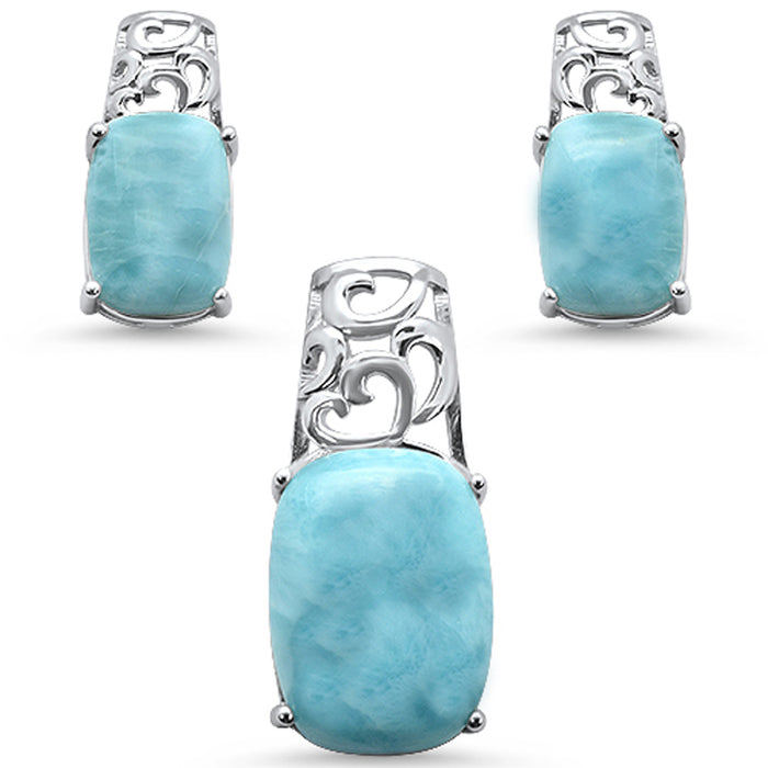 Cushion Cut Natural Larimar .925 Sterling Silver Pendant & Earrings Set