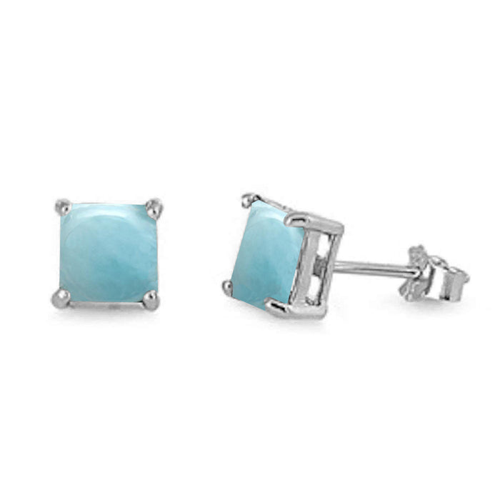 Princess Cut Natural Larimar Stud .925 Sterling Silver Earrings