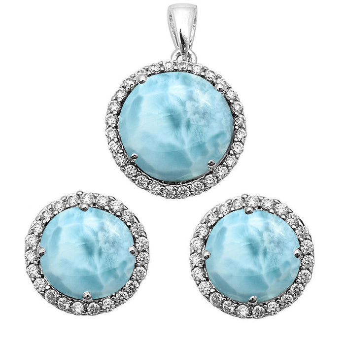 Halo Natural Larimar Cubic Zirconia .925 Sterling Silver Earrings & Pendant Set