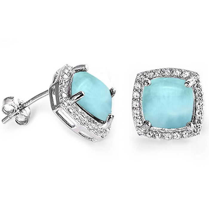 Cushion Cut Natural Larimar & Cz .925 Sterling Silver Earrings